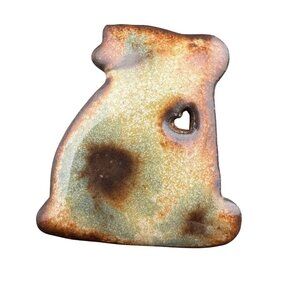 Ceramic Bunny-Shaped Pin With Heart Cutout Rustic Glazed Finish Handmade Pottery